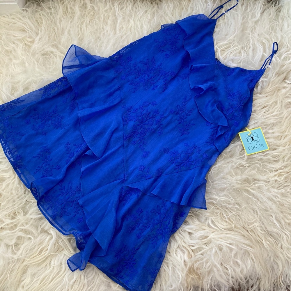 CECE CASCADE RUFFLE EMBROIDERED SHIFT DRESS - Picture 2 of 8